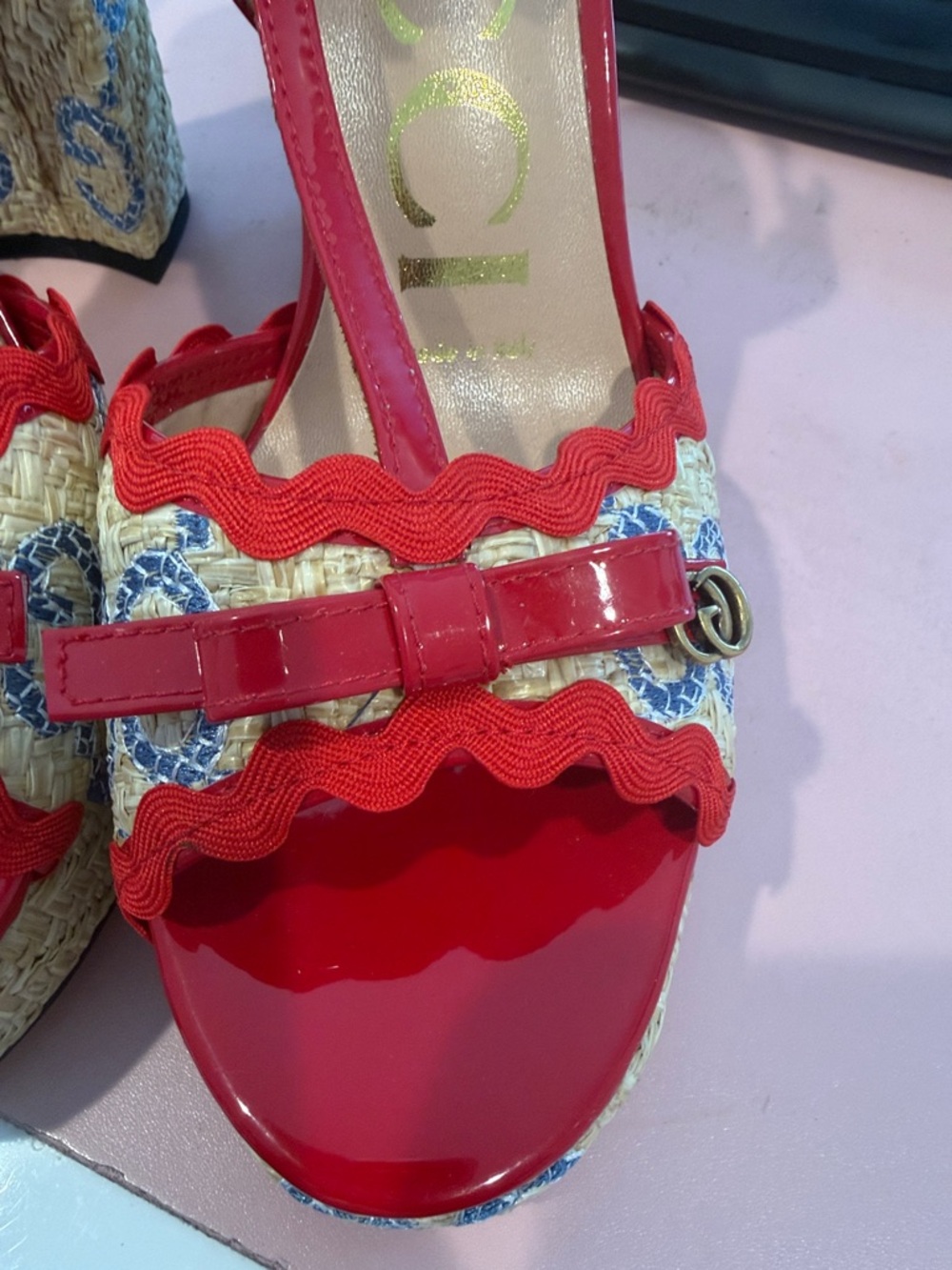Gucci Red Patent & Woven Platform Slingback Heels - Picture 5 of 7